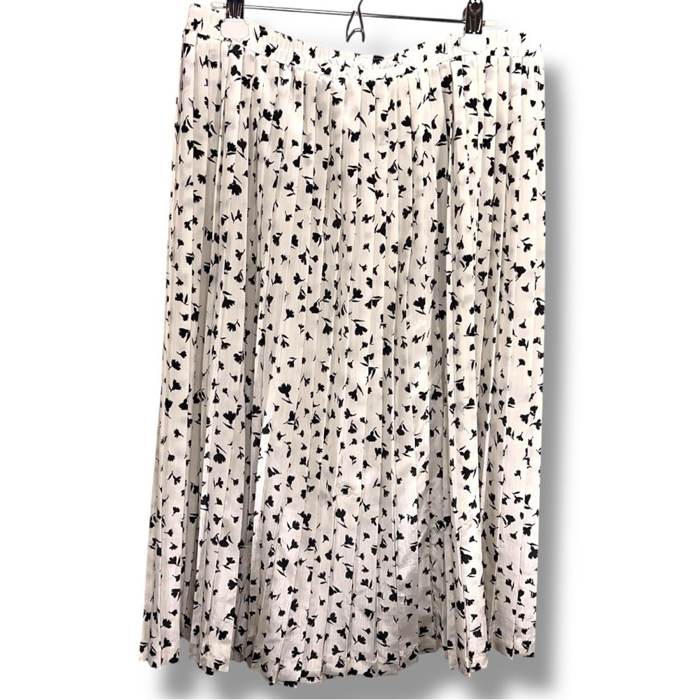 Vintage Pykettes Size 14 White Black Floral Print Pleated Skirt Elastic Waist